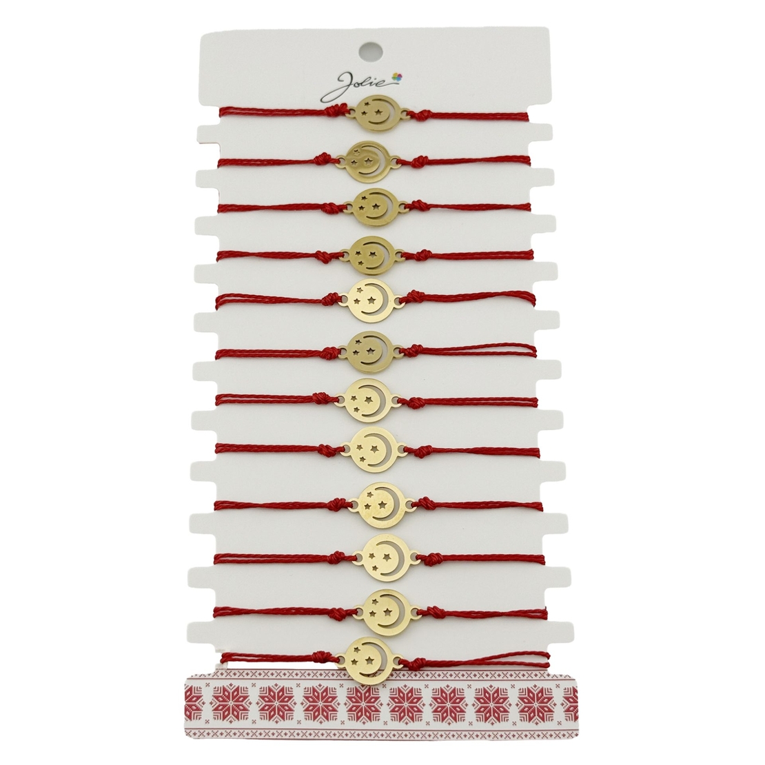 Bratara Martisor pentru Dama, Jolie, Model Luna cu Stele, Set 12 bucati, Pandativ din Inox Auriu, Snur Ajustabil Impletit, Rosu