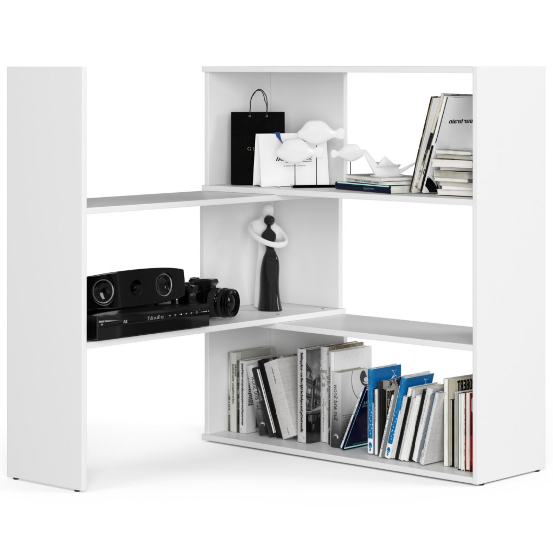 Etajera de colt pentru carti si decoratiuni, cu 3 rafturi, PAL laminat 16 mm, 174x30x109 cm, alb