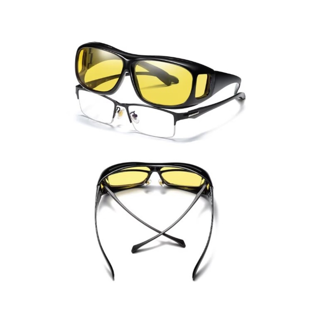 Ochelari pentru Viziune pe Timp de Noapte, Flippy, Polarizati, pentru Condus, Ciclism, cu Posibilitatea Purtarii peste Ochelarii de Vedere, cu Lentila Galbena, pentru Protectie, Rama Neagra, Pc, 15x5 cm