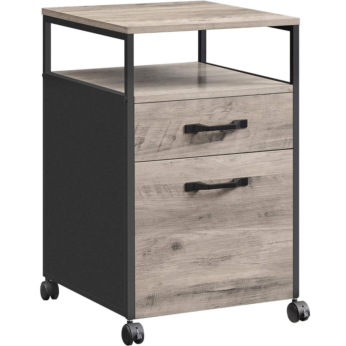 VASAGLE Dulap mobil 42x44x69 cm, cu 2 sertare si roti cu frana, compartiment deschis si suport dosare, PAL si otel, gri si negru