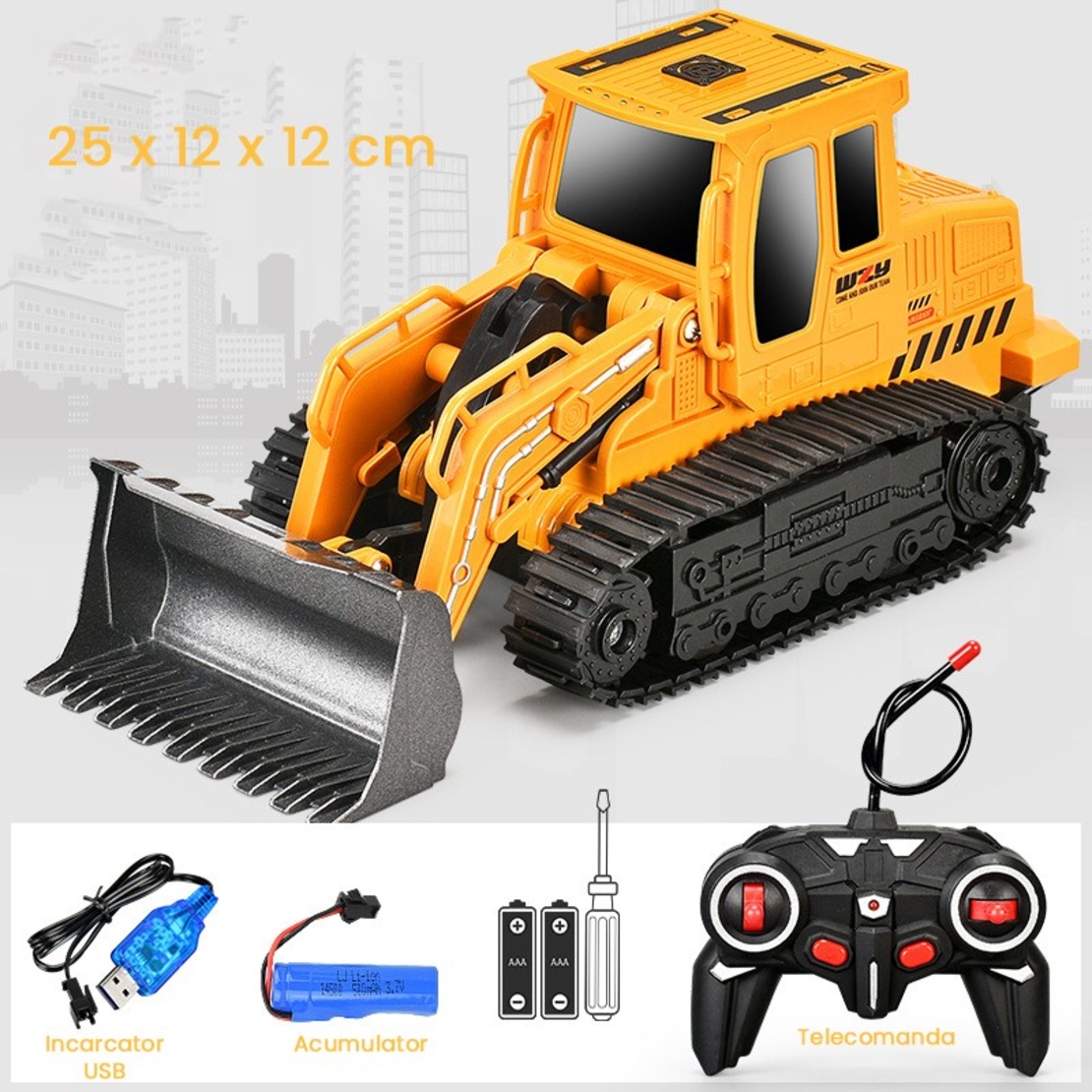 Buldozer cu Senile Jucarie pentru Copii, Vafy, Jucarie Buldozer cu Telecomanda, Jucarie de Constructie, Acumulator cu Incarcare USB, 25 x 12 x 12 cm, Galben
