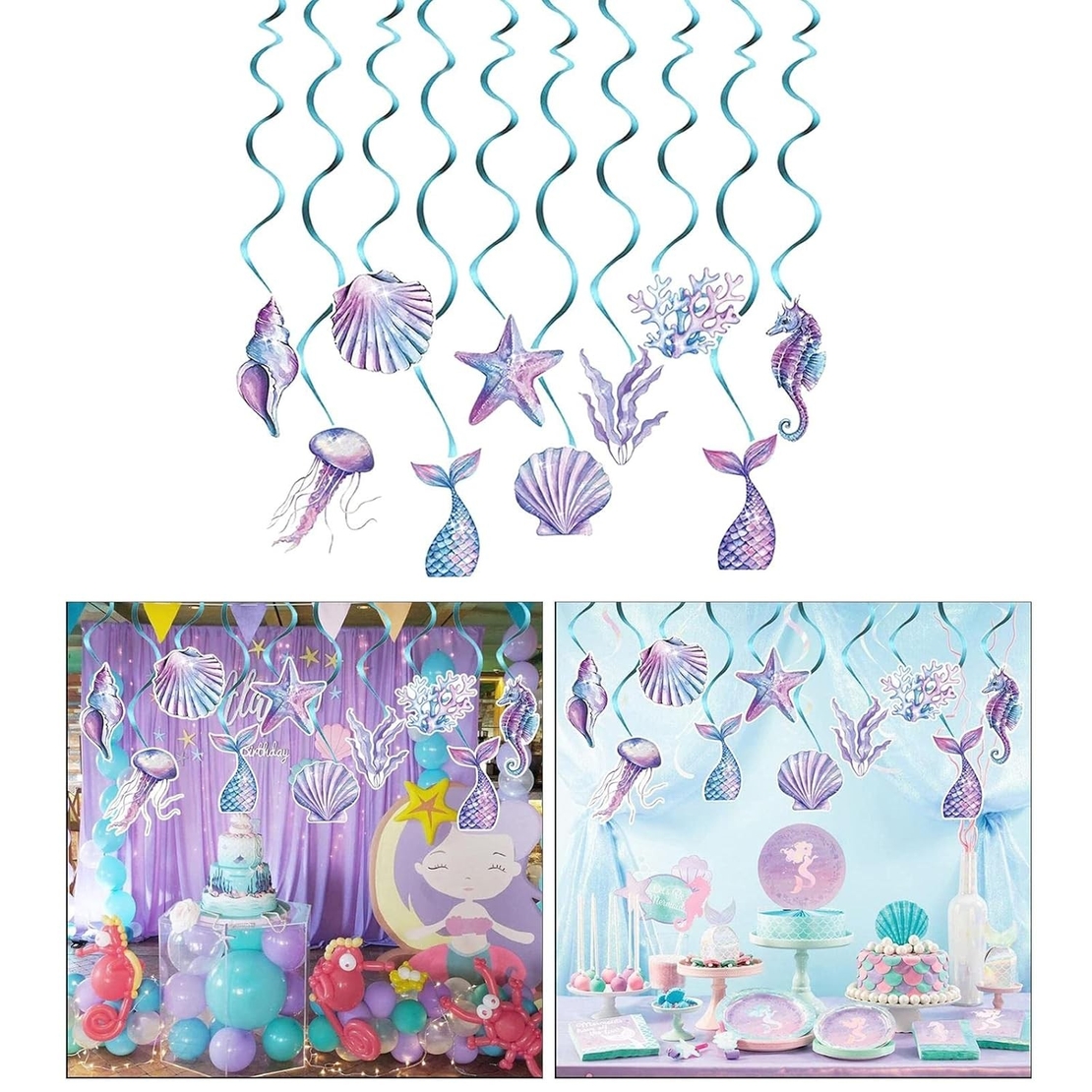 Set 8 Decoratiuni pentru Petrecere Sirena, Flippy, Colectia Mermaid, Panglici Incluse, Multicolor