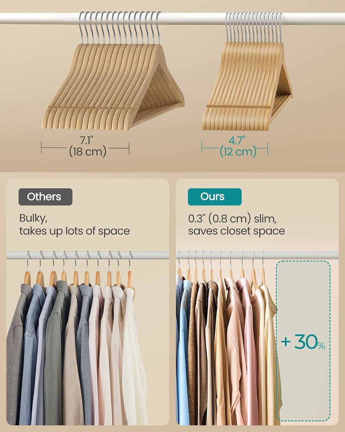 SONGMICS Set de 30 de umerase din lemn, carlige rotative 360°, cu bara pentru pantaloni, 43 cm, natur