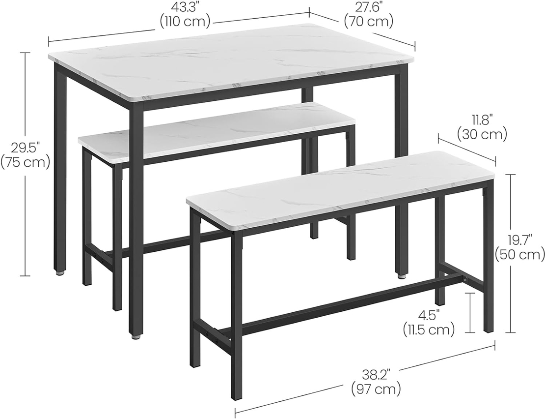 VASAGLE Masa de bar cu 2 banci, design industrial, 110x70x75 cm, alb marmura