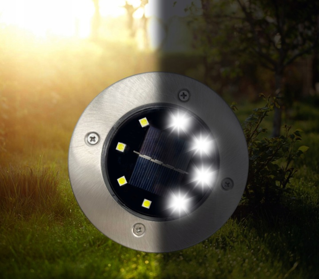 Set 4 lampi solare sol gradina cu 8 LED fiecare, iluminare alei, otel inoxidabil si plastic, 12x12x2 cm, argintiu