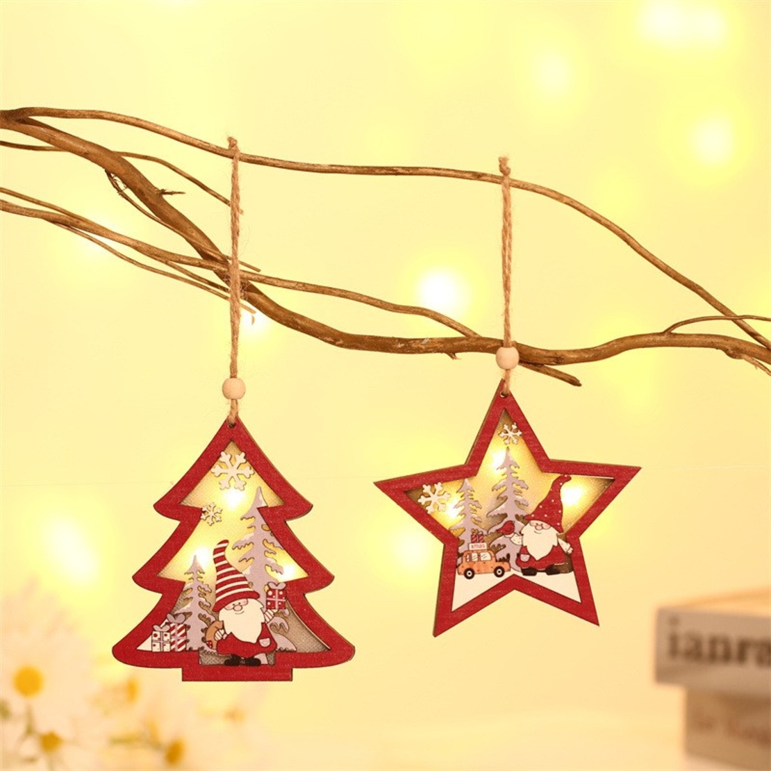 Ornament de Brad, Flippy, cu Lumini LED, din Lemn, Figurina Elf, Model Stea, Multicolor