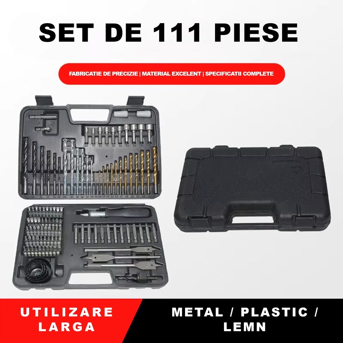 Set Scule Profesionale, Vafy, Set 111 buc, Accesorii Multifunctionale pentru Gaurire si Insurubare, Burghie Lemn, Metal, Zidarie, Cutie Transport, 30 x 20 x 6 cm, Negru