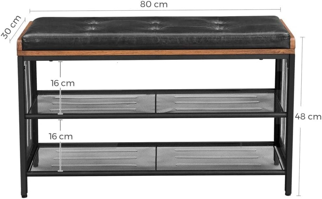 VASAGLE Banca pentru hol, cu raft suport de pantofi, sezut captusit imitatie piele, design industrial, 30x80x48cm, negru cu maro