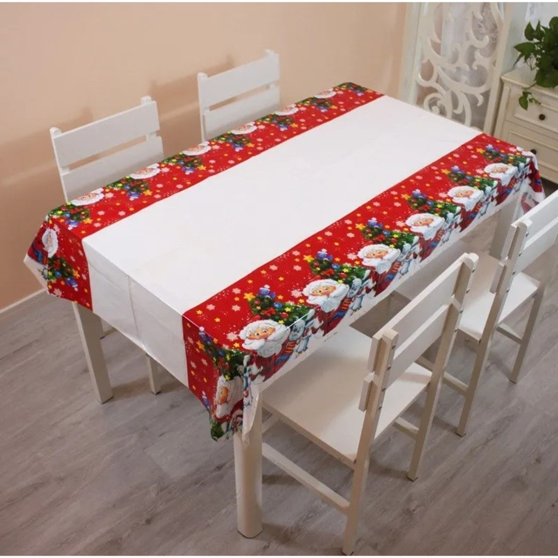 Fata de masa dreptunghiulara Flippy, PVC, 2.5 mm grosime, imprimeu Mos Craciun cu iepuras, potrivit pentru Craciun, utilizare multipla, 180 x 108 cm, alb