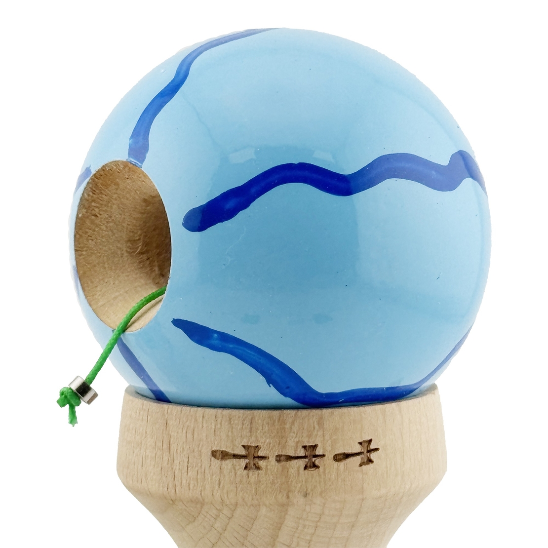Kendama X Originala, Profesionala, Flippy, Super Sticky cu Cupe Mari KING SIZE V3, Gaura in Baza, Rulment Metalic, din lemn 18 cm, Ata 62/65 cm, Special Albastru deschis
