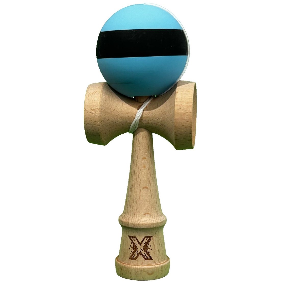 Kendama X Originala, Profesionala, Flippy, din Lemn, 18 cm, Rubber Grip, Dungi Albastru/Negru