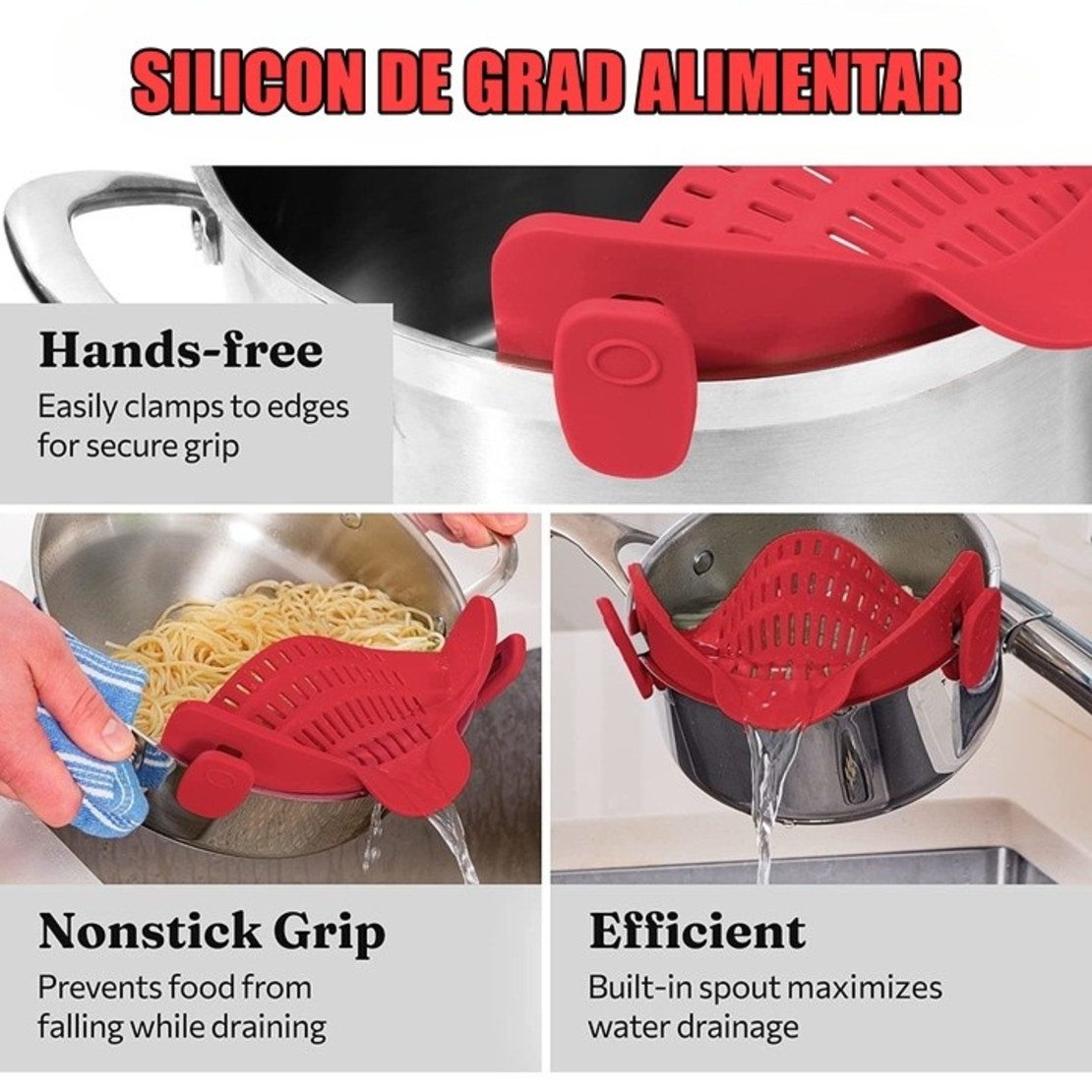 Strecurator Filtru pentru Vase, Vafy, din Silicon Rezistent la Temperaturi Inalte, Universal, Paste, Legume, Fructe, 23x12.5x6.7 cm Rosu