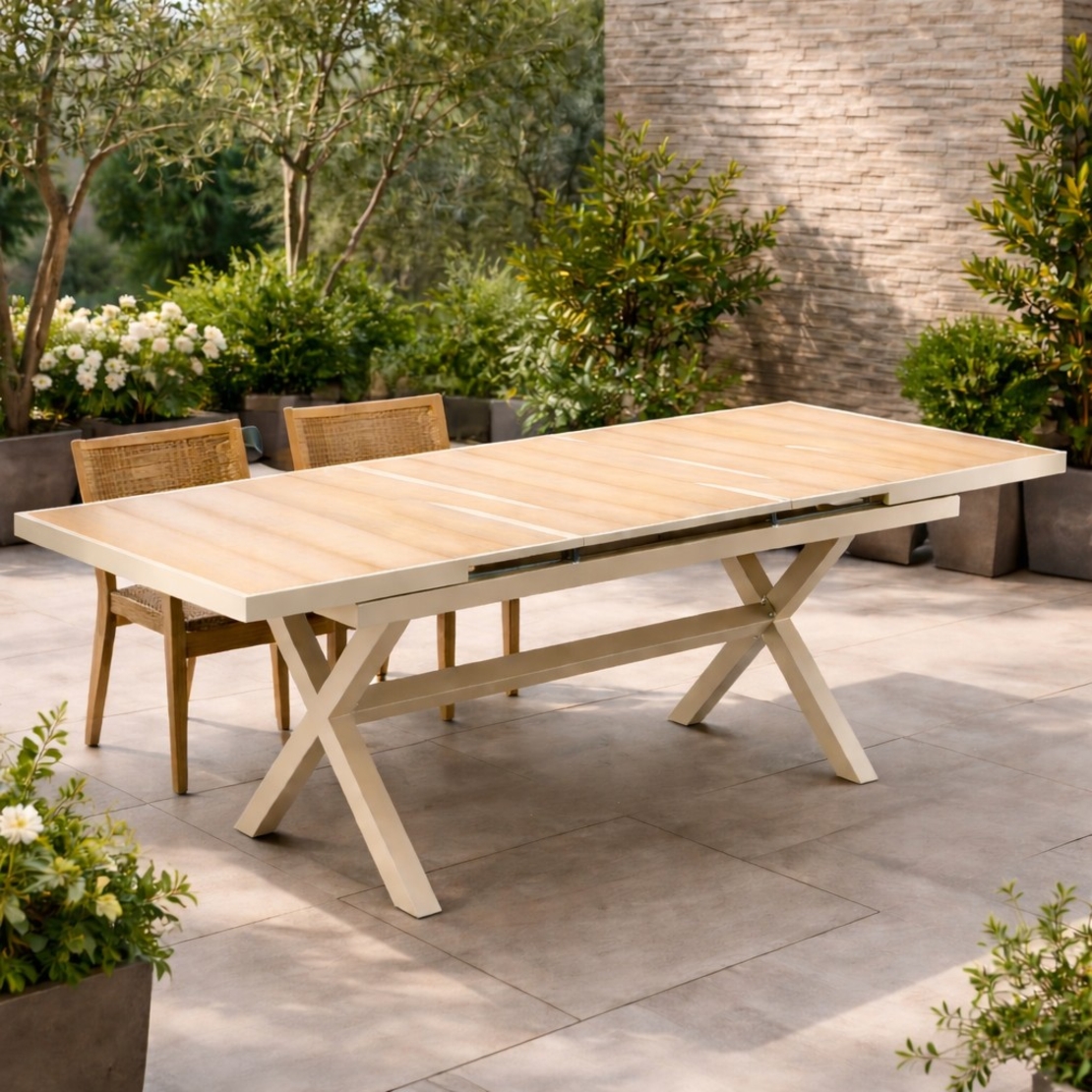 Masa gradina extensibila 180-240 cm din aluminiu cu blat aspect lemn, 180-240x90x76 cm, bej