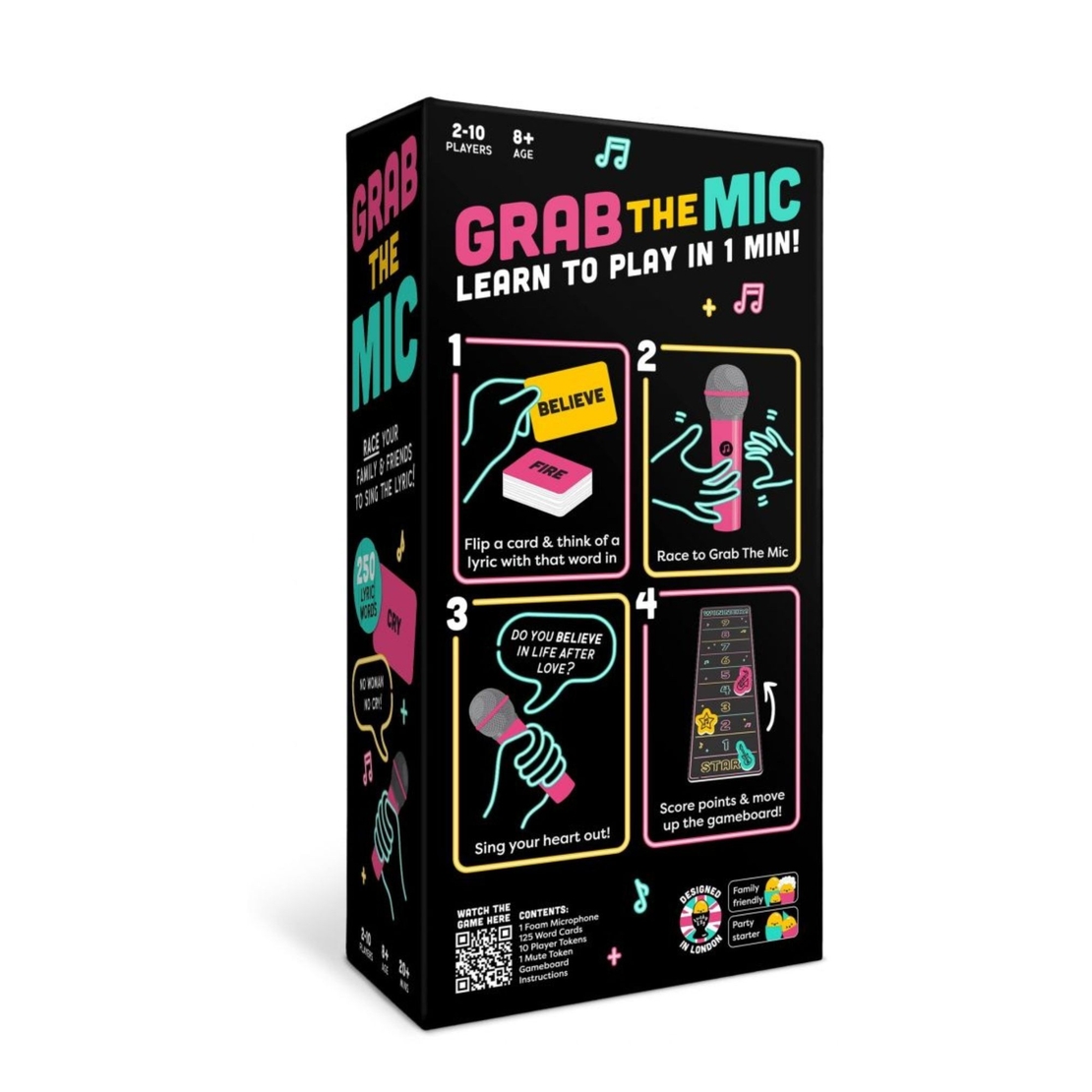 Joc de Societate Grab The Mic, Flippy, Tip Karaoke, 125 de Carti cu Cuvinte, Microfon din Spuma, Tabla de Joc, Jetoane, 11.5 x 22 x 7 cm, Negru/Roz