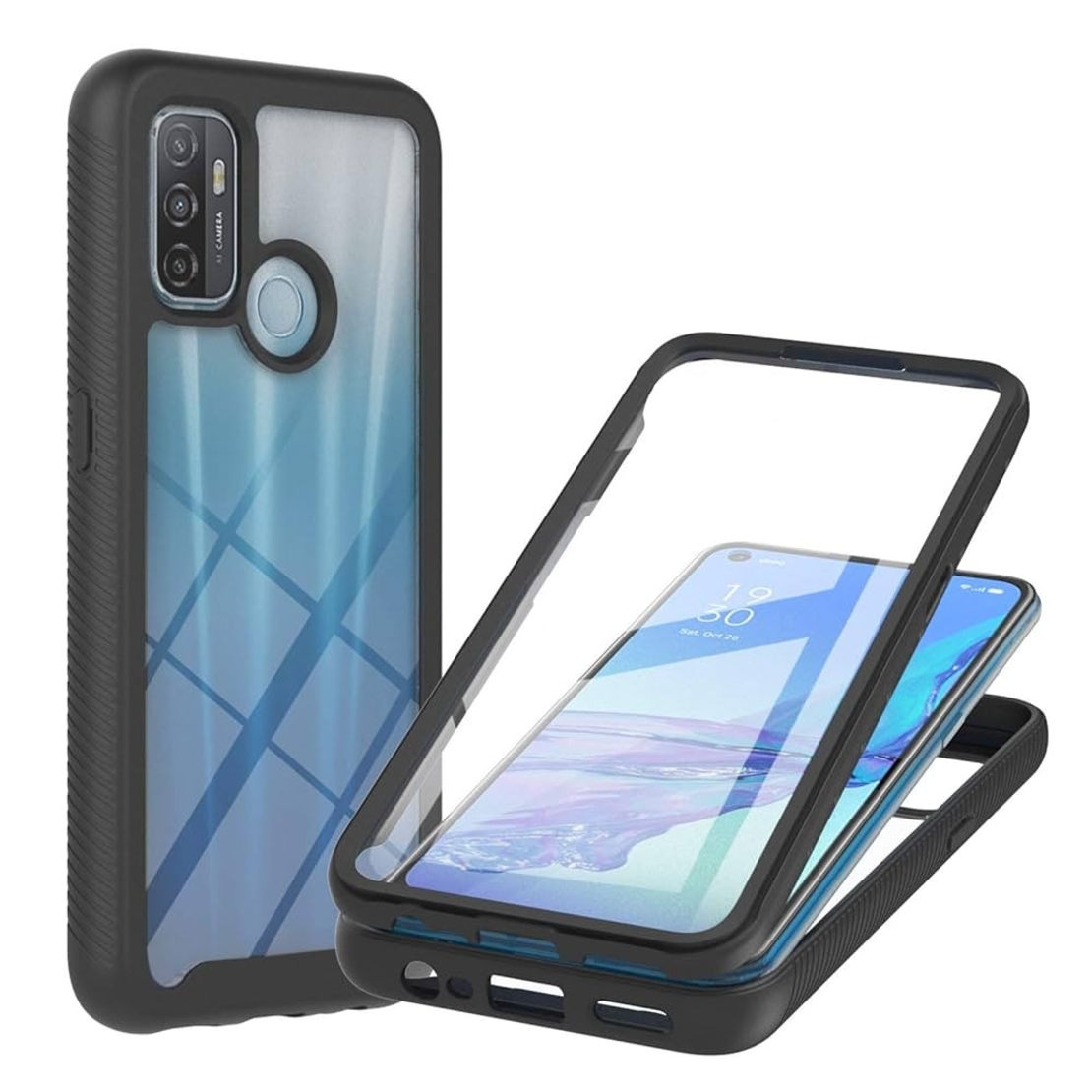 Husa de Protectie 360°, Vafy, pentru Oppo A53, din TPU + PC, cu Folie de Protectie Inclusa, Neagra