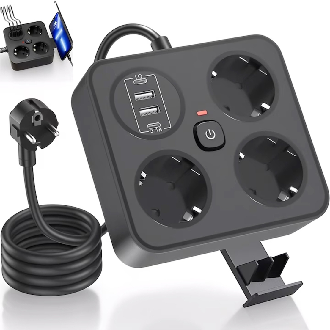 Prelungitor Multifunctional pentru Birou, Vafy, 3 Prize, 2 USB-A, 2 TYPE-C, Suport pentru Telefon, 3250W, Lungime Cablu 2 m, 11.4 x 12.4 cm, Negru
