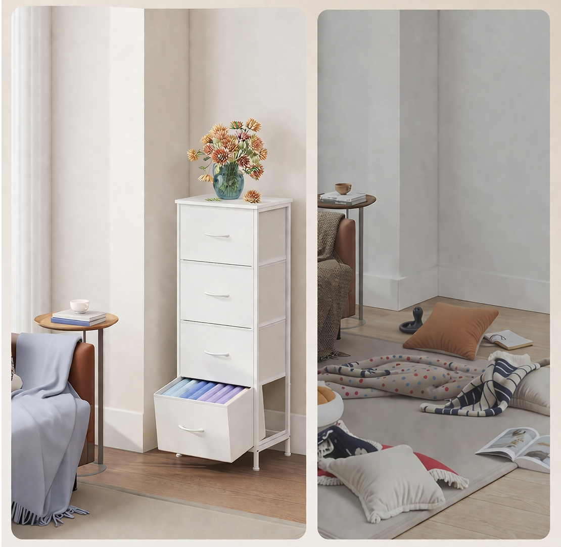 SONGMICS Comoda cu 4 sertare textile, cadru metalic si blat MDF, 40x30x95 cm, alb
