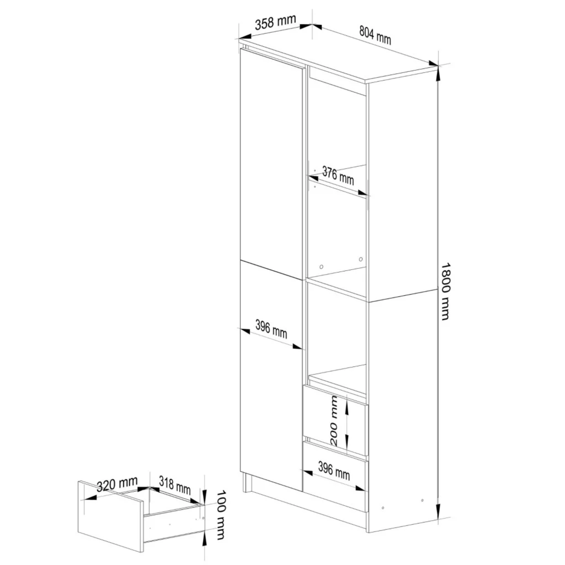 Dulap cu usa, 2 sertare si 7 rafturi, PAL laminat 16 mm, 80x35x180 cm, sonoma