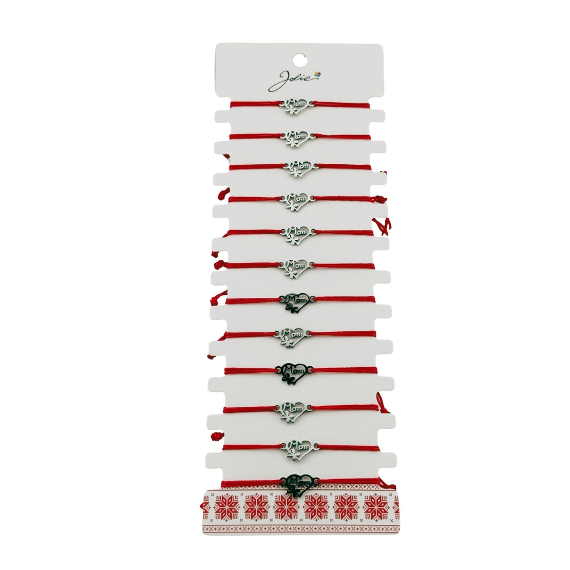 Bratara Martisor pentru Dama, Jolie, Model Inima cu Fluture, Set 12 bucati, Pandativ Argintiu din Inox cu Snur Rosu Ajustabil
