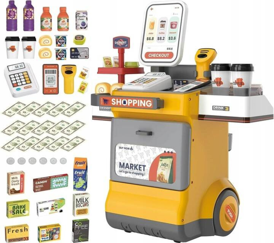 Set magazin pentru copii cu lada si roti, sunete, rafturi multiple, 48x30x58 cm, multicolor