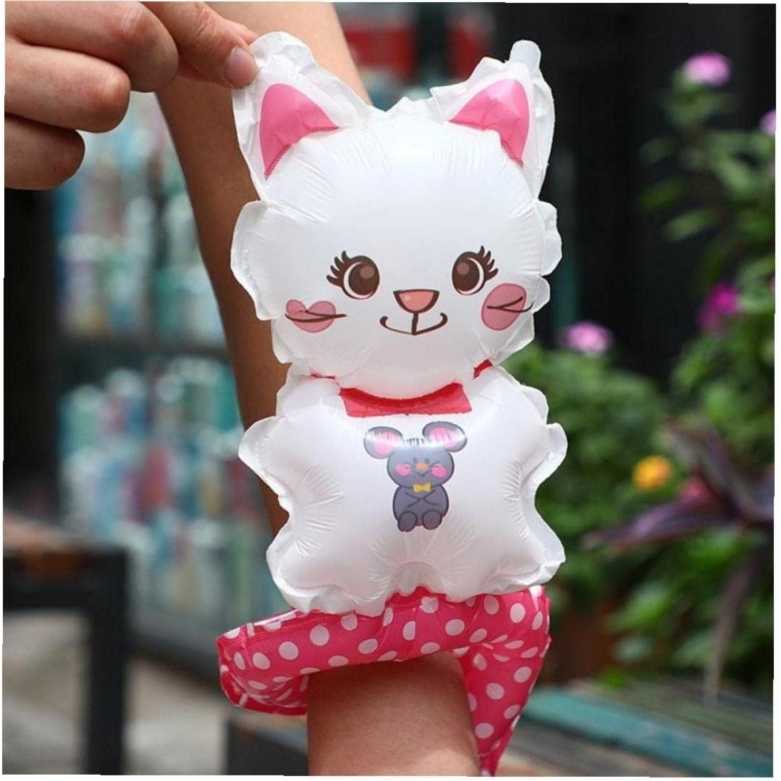 Balon din Folie Metalizata, Vafy, Figurine Animalute, Tip Bratara, Model Pisica, 13 x 35 cm, Ambalaj Individual, Pai Inclus, Umflare cu Aer sau Heliu, Alb