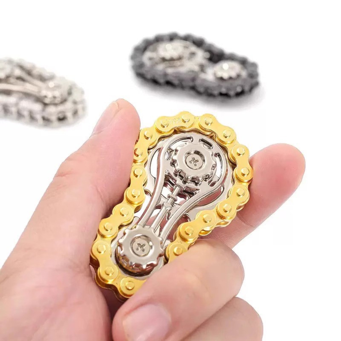 Jucarie Fidget Spinner Premium Anti Stres, Flippy, Giroscop din Aliaj, Jucarie din Metal de decompresie, forma Lant de Angrenaj de Bicicleta, 6 x 3.5 cm, Auriu