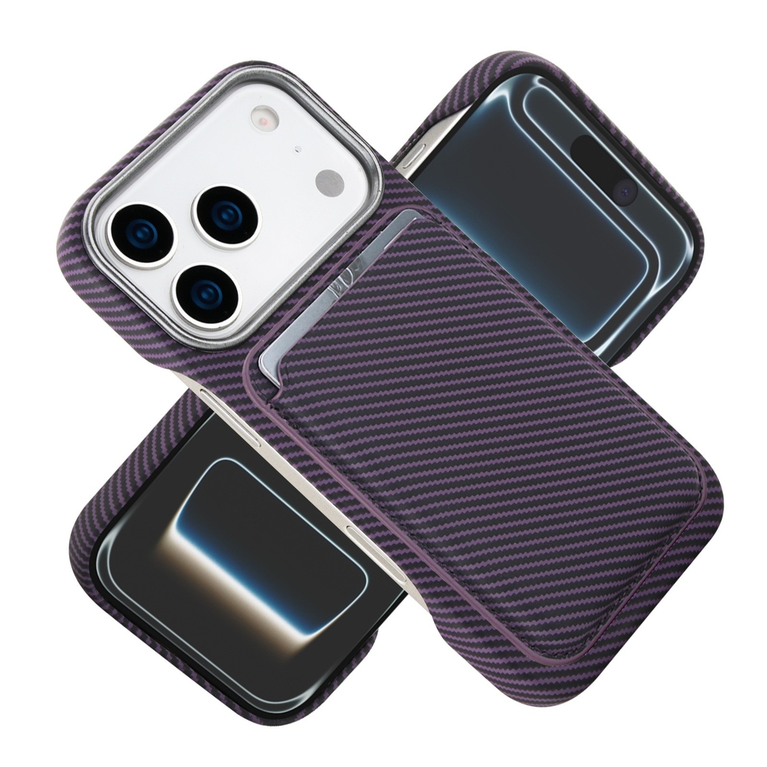 Husa MagSafe pentru iPhone 17, Vafy, Suport Card Detasabil, Carcasa pentru Telefon, Textura Fibra de Carbon, Business Style, Mov