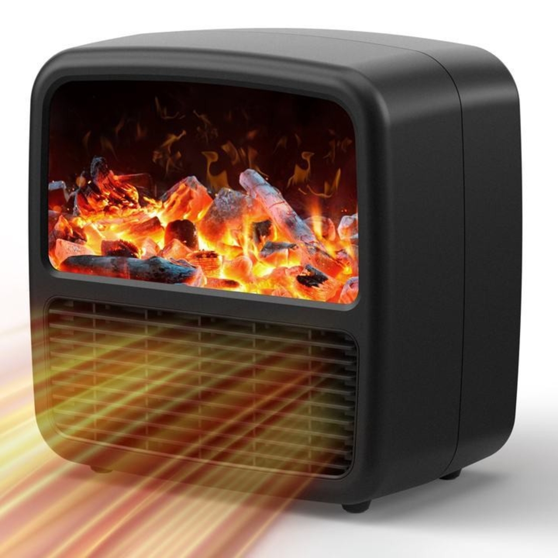 Mini Aeroterma Portabila, Vafy, Display LCD, Flacara Tip Semineu, 1500W, 2 Trepte, Oprire Automata, 22 x 22 x 15 cm, Negru