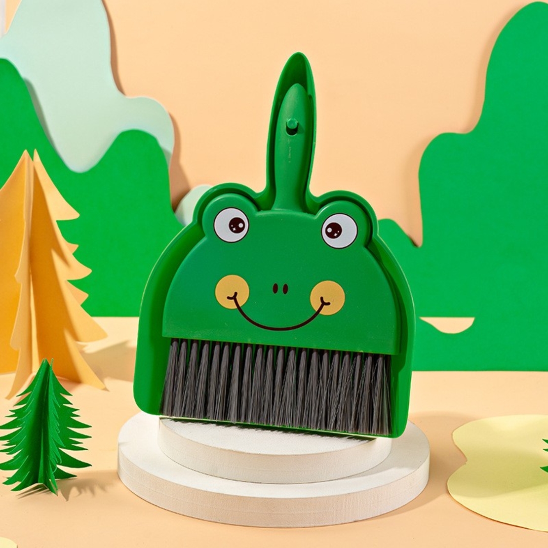 Set Mini Matura si Faras, Flippy, LITTLE CLEANER, Uz Casnic, pentru Birou, Bucatarie, Casa, Model Broscuta, 23 x 18 cm, Verde