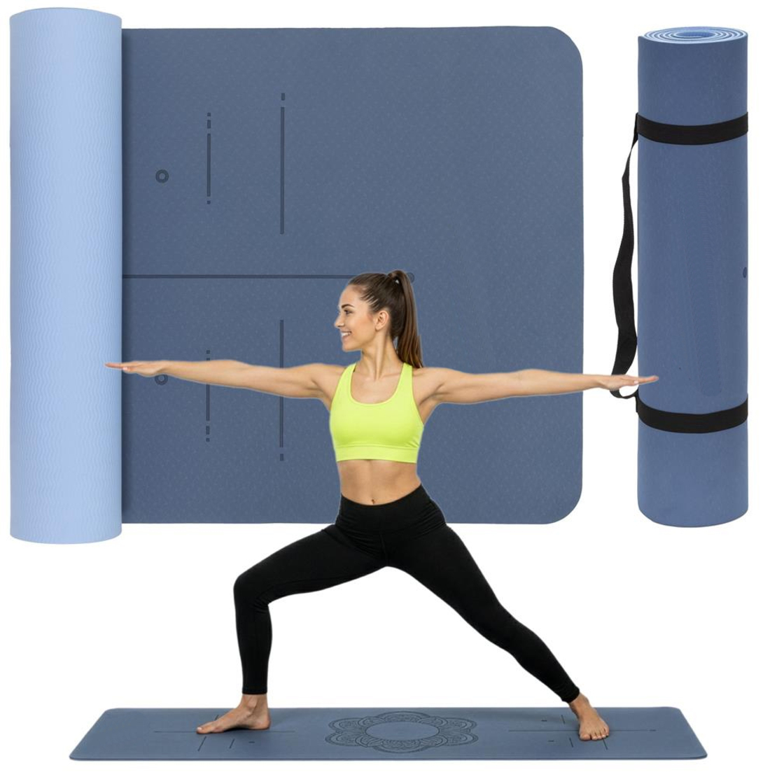 Saltea yoga antiderapanta din TPE, 183x61x0.6 cm, cu curea transport, albastru