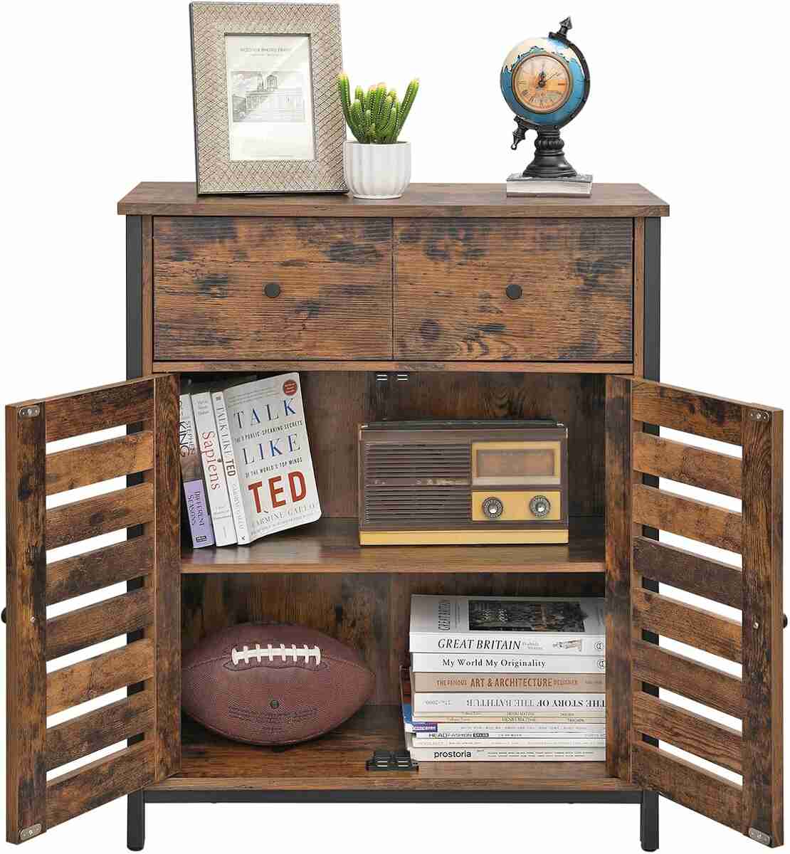 VASAGLE Comoda depozitare cu 2 sertare si polite, usi tip jaluzea, stil industrial, 30x70x80 cm, maro rustic