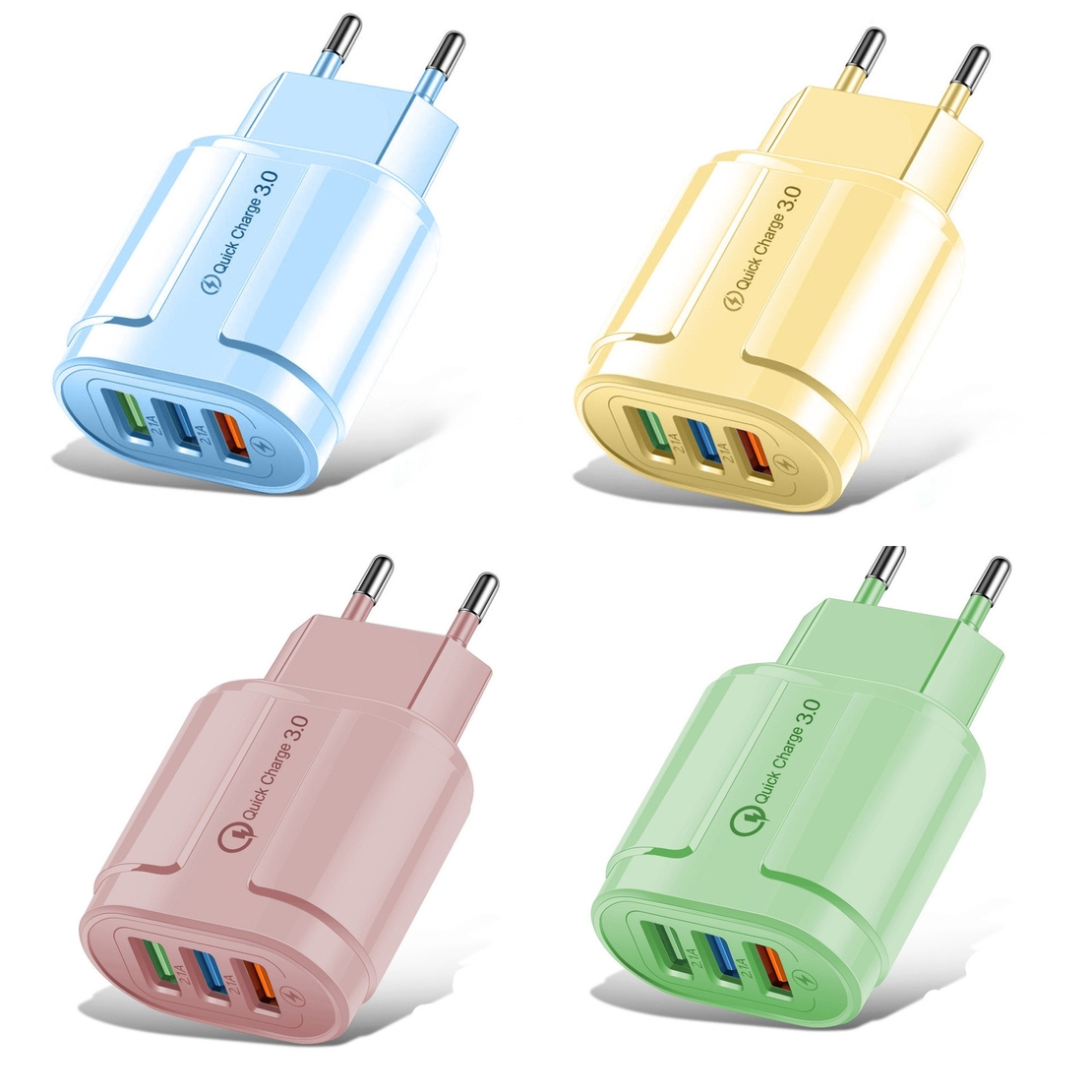 Incarcator Rapid QC3.0, Flippy, 3 Porturi USB, 2.1A, 18W, din ABS, Protectie Supraincalzire, Gama Macarons, Galben