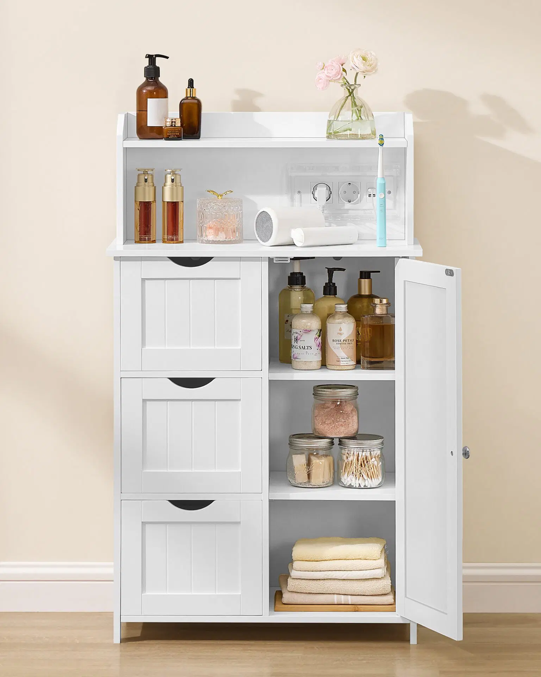 VASAGLE Dulap de baie cu sertare si usa, priza integrata cu USB, rafturi reglabile, MDF, 30x60x100 cm, alb