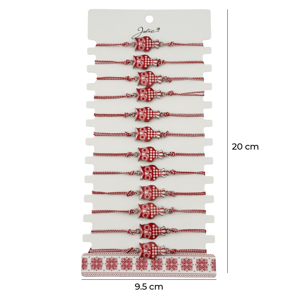 Bratara Martisor pentru Dama, Jolie, Model Bufnita, Set 12 bucati, Pandativ din Aliaj cu Print Traditional, Snur Ajustabil Impletit, Alb/Rosu
