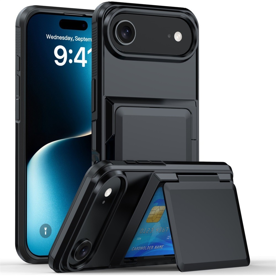 Husa de Protectie compatibila Apple iPhone 17 Air, Vafy, Compartiment pentru Carduri, Anti-alunecare, Protectie PC, Rezistenta la Zgirieturi, Negru