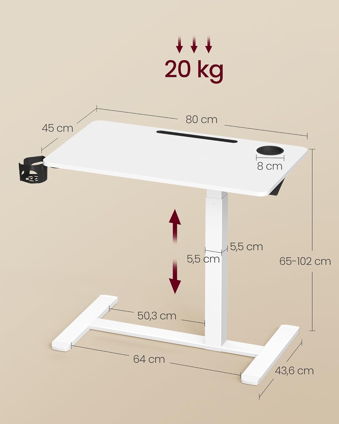 VASAGLE Masa tip birou, ajustabila cu roti pentru pat sau canapea, blat 80x45 cm, inaltime reglabila 65-102 cm, alb