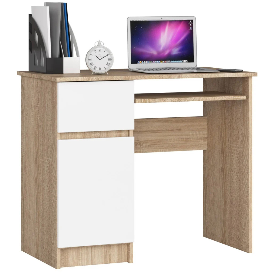 Birou computer PIKSEL, cu sertar, dulap si raft pentru tastatura, stanga, 90x50x77 cm, stejar sonoma si alb
