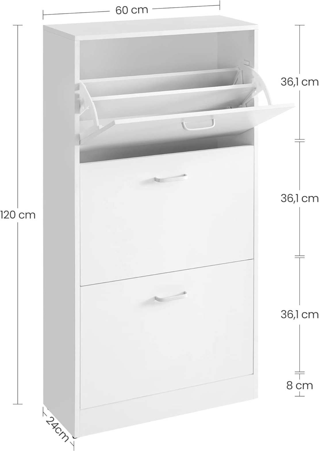 VASAGLE Dulap pantofi cu 2 usi rabatabile, pentru 12-18 perechi, 60x24x120 cm, alb