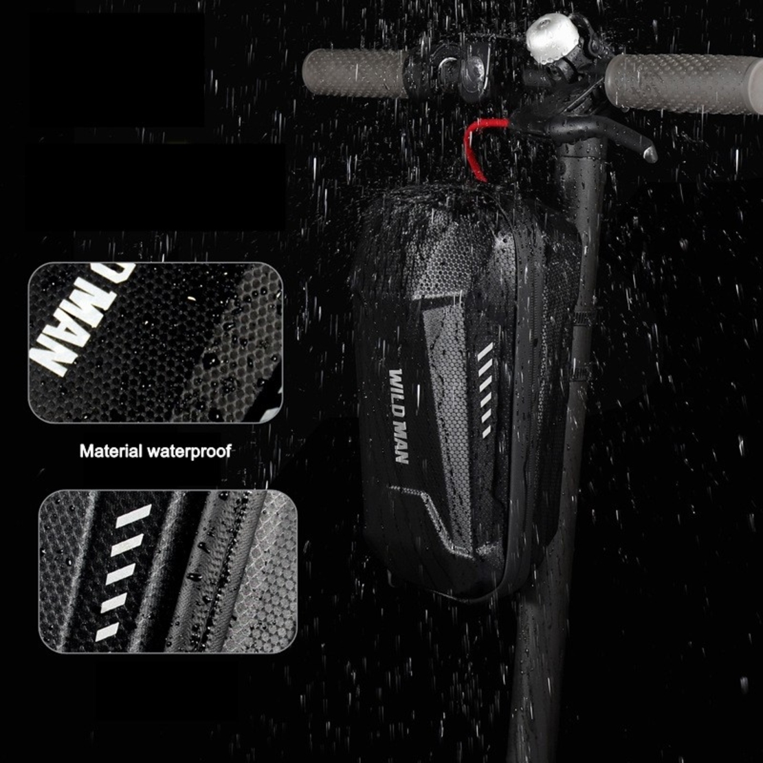 Borseta pentru bicicleta/trotineta Flippy, spatiu de depozitare, antisoc, waterproof, cu fermoar, 3L, material carbon si plastic dur, pentru trotineta electrica scuter, bicicleta, negru