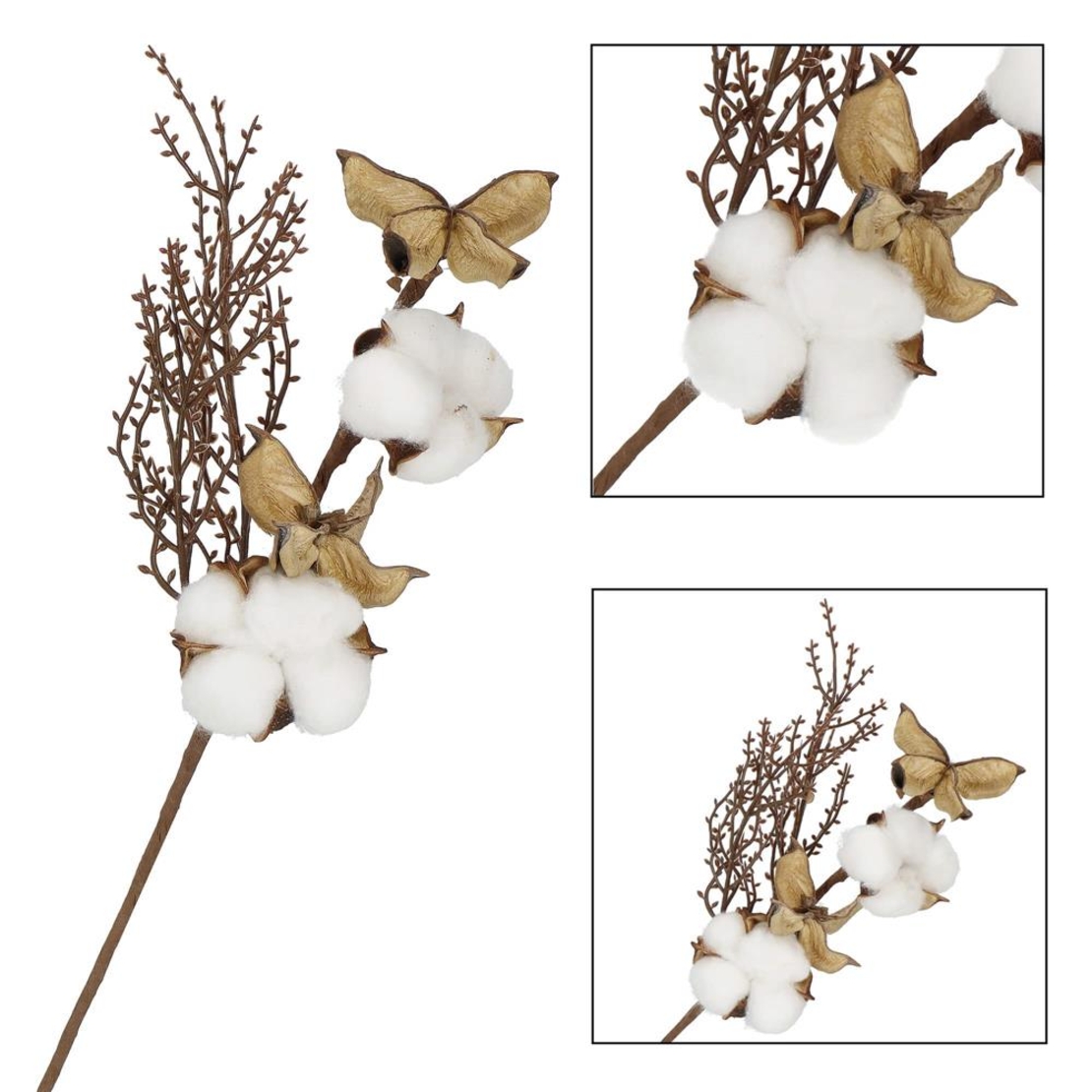 Ramura decorativa Craciun cu bumbac si plante uscate, 37 cm, alb/maro