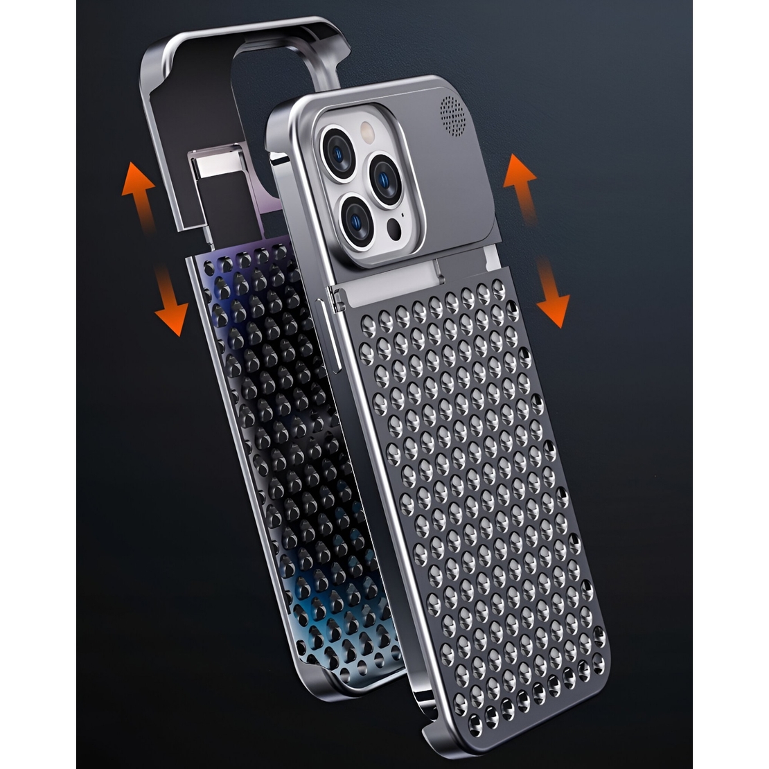 Husa Aromaterapia Compatibila cu iPhone 15 Pro, Vafy, Antisoc, Antizgariere, Protectie Camera si Supraincalzire, din Aliaj de Aluminiu, Gri