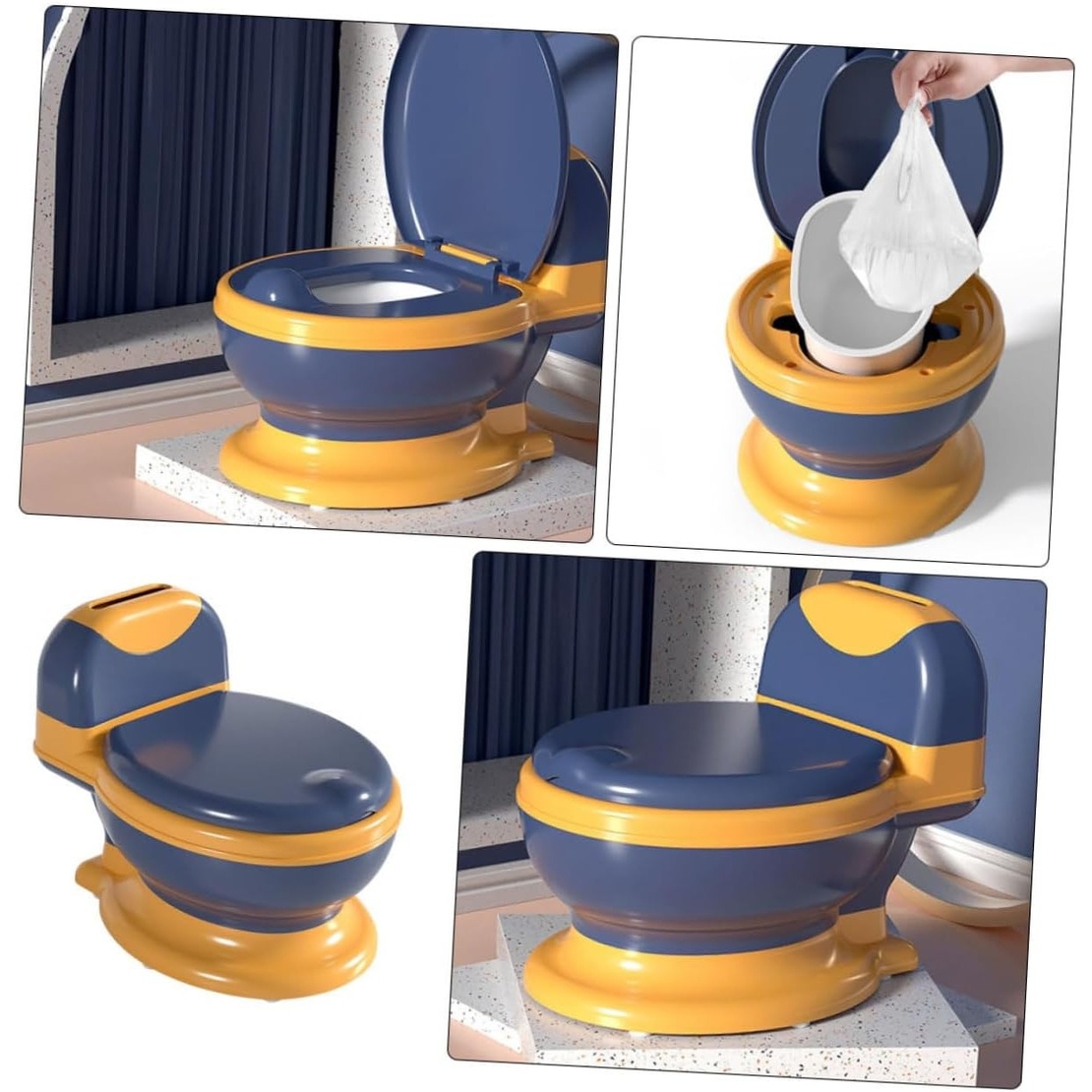 Olita Bebelusi, Flippy, pentru Copii 1 - 8 Ani, Model Toaleta Adulti, Colac Moale PVC, Compartiment Detasabil, Cutie Depozitare Hartie, 34 x 32 x 19 cm, Albastru/Portocaliu