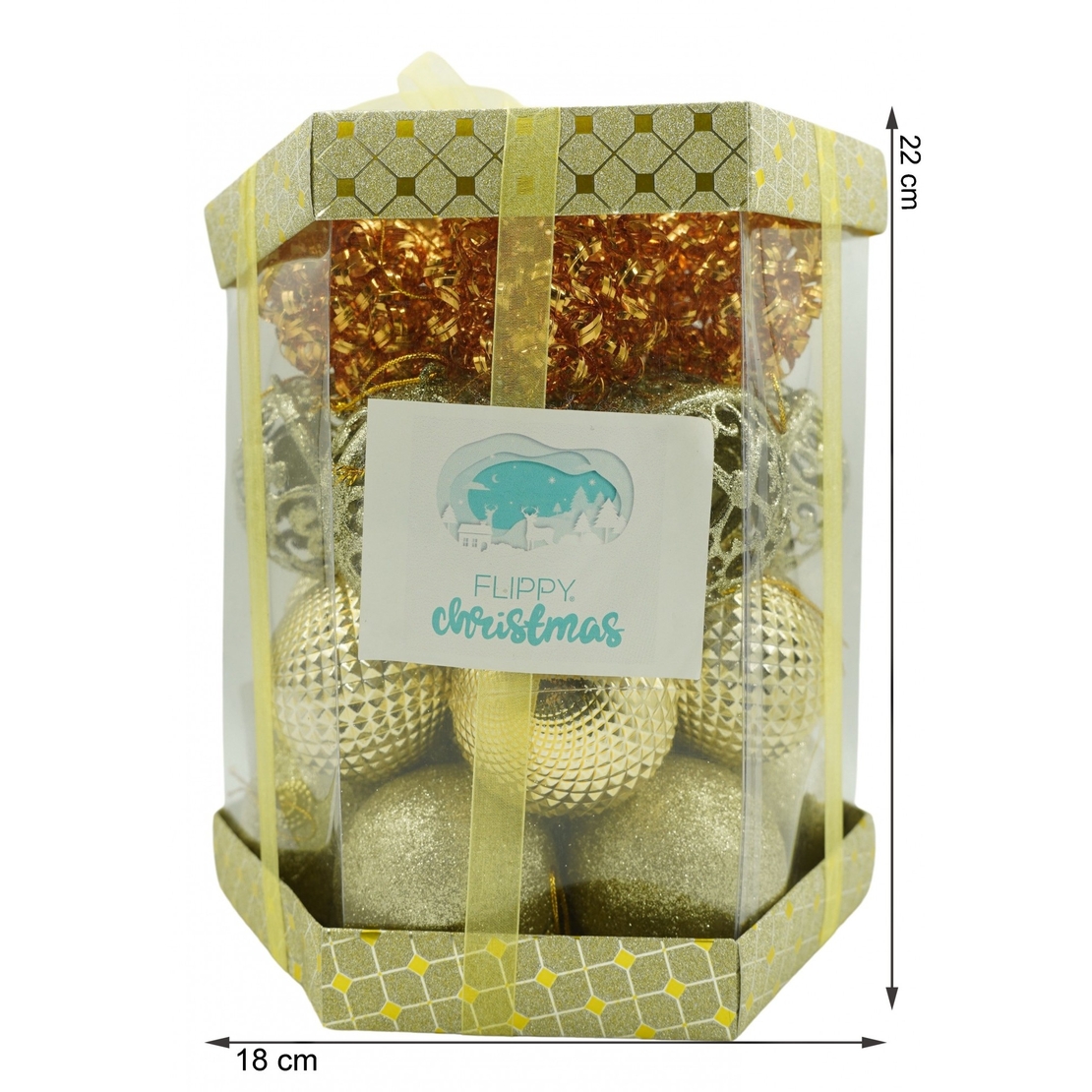 Set de 28 ornamente de brad, Flippy, de tip Glob, Cupru/ Auriu, din polistiren, cu finisaj sclipitor , cutie 18 cm adancime x 22 cm inaltime x 18 cm lungime)