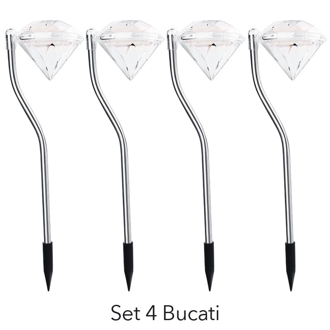 Lampa solara LED pentru Gradina, Flippy, Set 4 Bucati, Tip Diamant, Inaltime 30 x 9 cm, 2V, ABS, 600mAh, Lumina Alb Calda, Argintiu