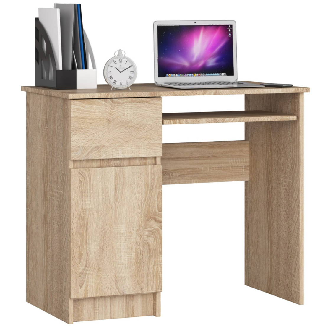 Birou computer PIKSEL, cu sertar, dulap si raft pentru tastatura, stanga, 90x50x77 cm, stejar sonoma