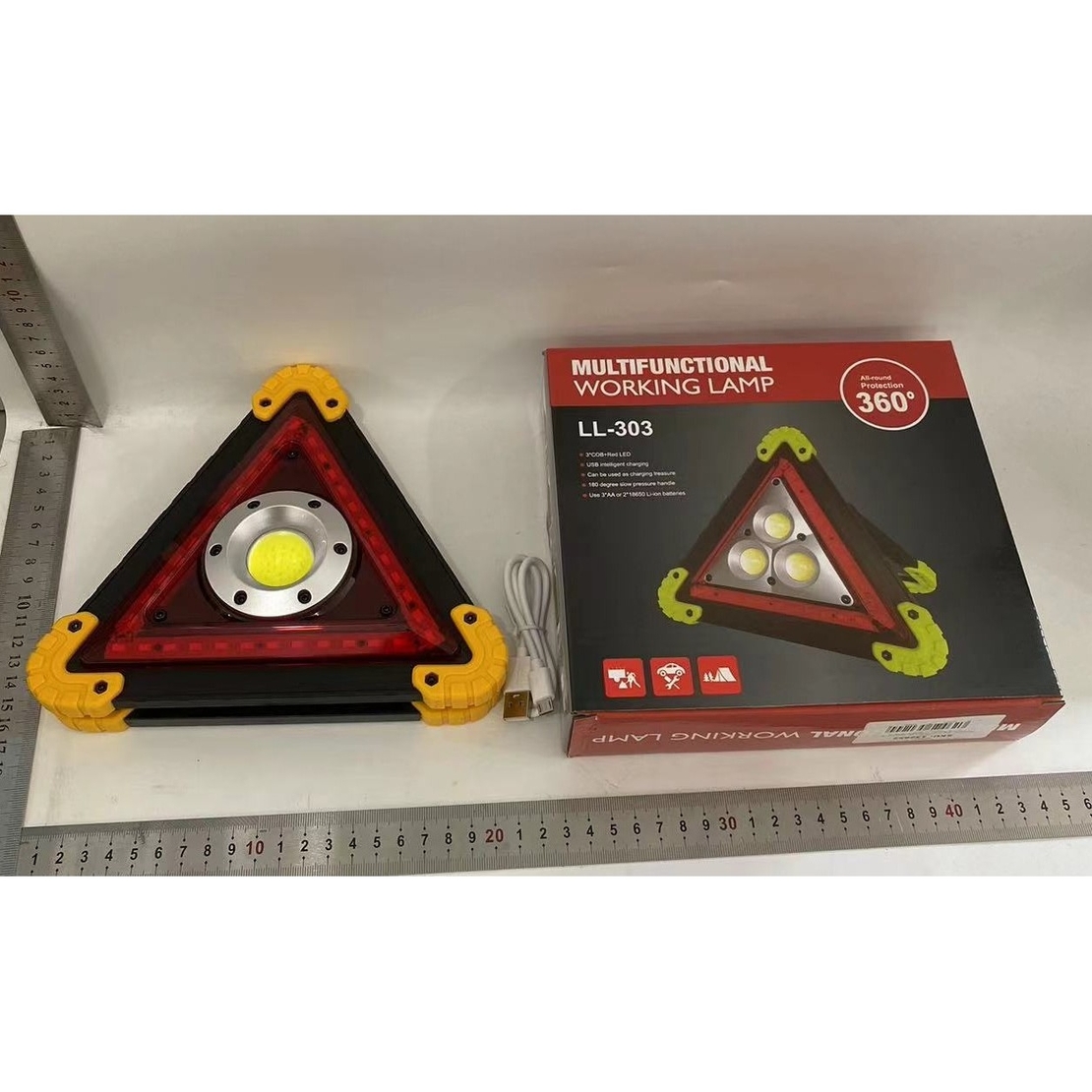 Triunghi Multifunctional de Avertizare, Vafy, Lanterna LED, Impermeabil IP65, 800 lm, 2 x AA, Functie Incarcare Telefon, USB si Micro USB, COB 33, Portocaliu