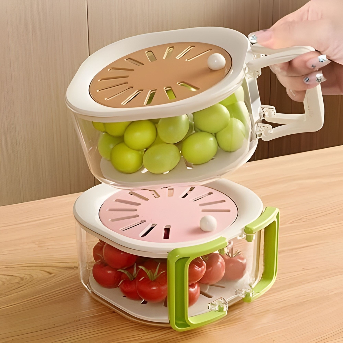Cos de Scurgere pentru Fructe 2 in 1, Vafy, din Plastic Durabil, Filtru Telescopic, Scurgator de Fructe si Legume, pentru Uz Casnic, 15 x 15 x 8.5 cm, Maro/Bej