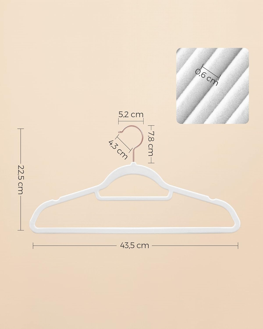 SONGMICS Set de 30 de umerase pentru haine, anti-alunecare cu catifea, bara de cravata si carlig pivotant, 43,5 cm, alb