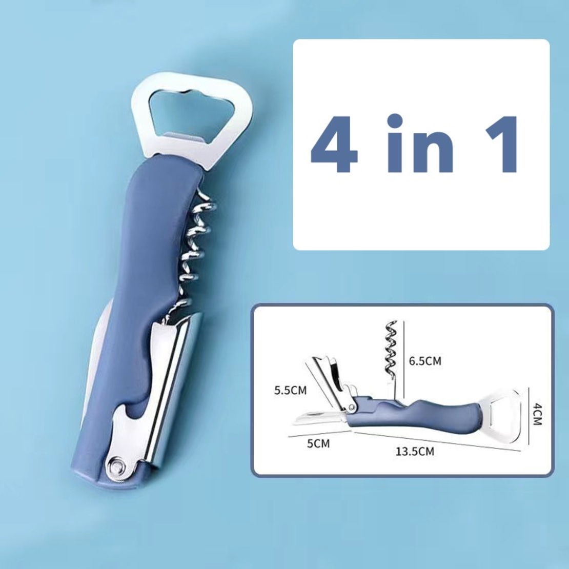 Tirbuson de Sticle 4 in 1, Flippy, Desfacator de Sticle Multifunctional, din Inox cu Maner Anti Alunecare, 13.5 x 4 cm Albastru