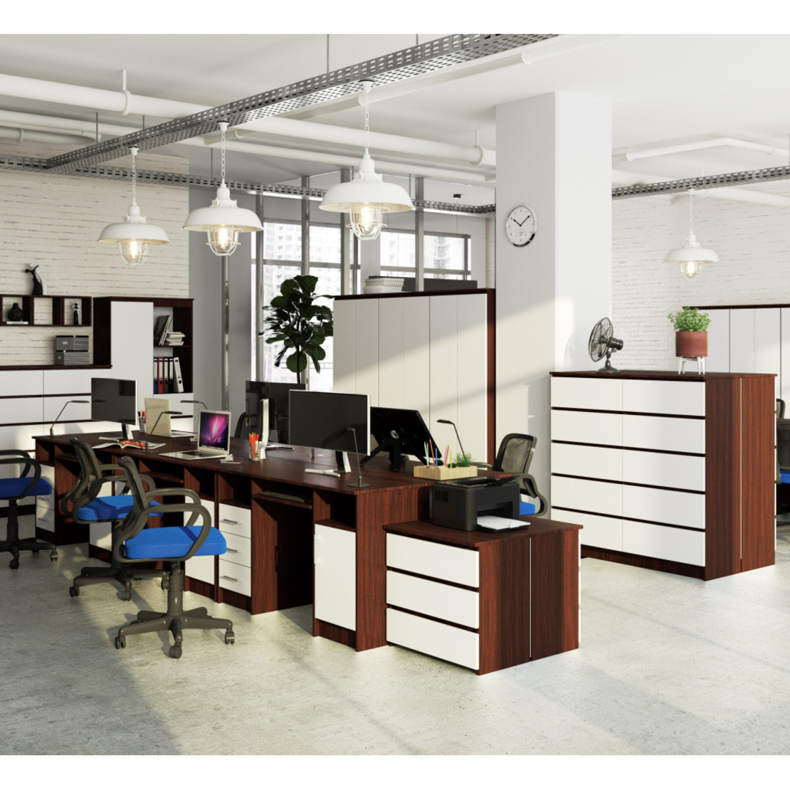 Birou ANA pentru calculator, cu 3 sertare si 1 usa, 124x52x74 cm, maro wenge si alb